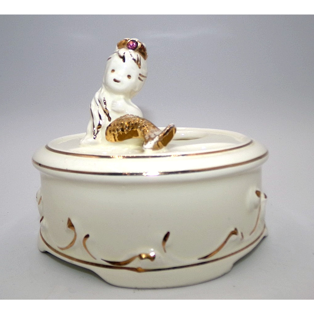 Vintage White ceramic Princess Mermaid Lipstick Holder Pink Rhinestone Crown